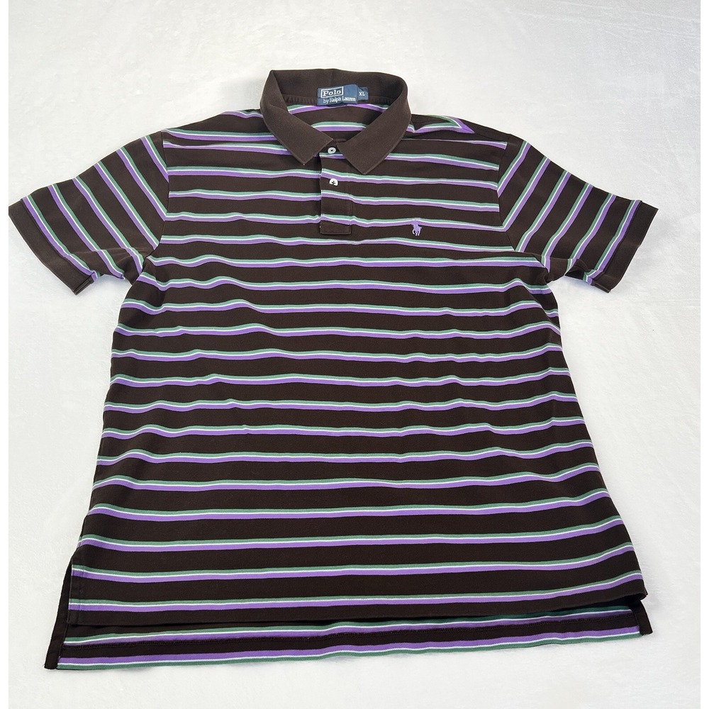 Men's Vintage Polo Ralph Lauren Striped  Polo Shirt Brown‎ Purple Green Size XL - Picture 2 of 10